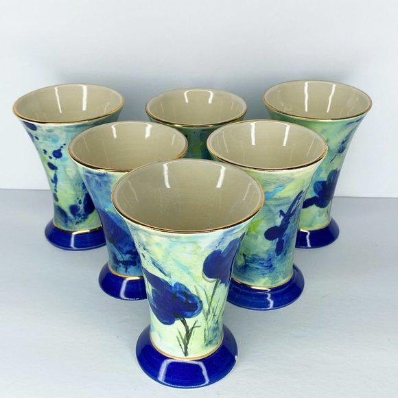 Ceramic Water Goblets Glasses Blue Aqua Gold Signed E. Mann - Picture 1 of 8